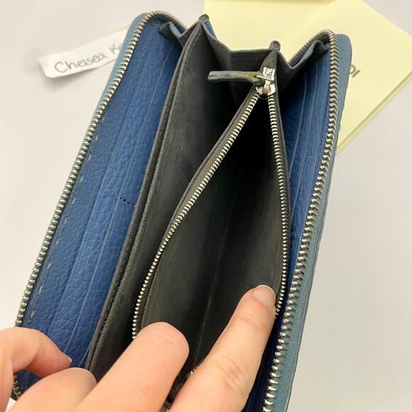 Fendi Romano Selleria Zip Around Wallet Continental Blue Calfskin Thick Stitches - Picture 12 of 15
